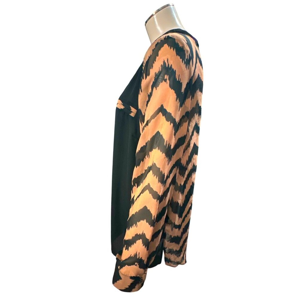AB Studio Sheer Chevron Blouse Black Beige Long Sleeve Lightweight Bohemian Chic - Picture 3 of 13